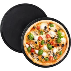 Relaxdays Plaque à Pizzas, Lot De 2, Plat à Four, Acier Au Carbone, Moule, Plateau, Antiadhésive, Ronde, ∅ 32 Cm, Gris
