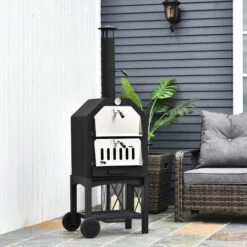 OUTSUNNY Four à Pizza Extérieur Au Charbon De Bois - Barbecue Sur Roulettes - Four à Bois - Pierre Réfractaire - Cheminée, Jauge Température - Acier Inox.noir Gris -Jardin Calme Soldes Magasin 18261302 4