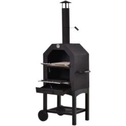 OUTSUNNY Four à Pizza Extérieur Au Charbon De Bois - Barbecue Sur Roulettes - Four à Bois - Pierre Réfractaire - Cheminée, Jauge Température - Acier Inox.noir Gris -Jardin Calme Soldes Magasin 18261302 5