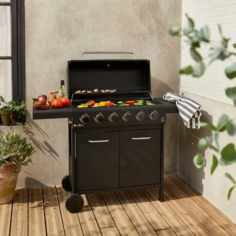 Barbecue BONACIEUX Noir Et Inox Au Gaz 6 Brûleurs Avec Rangement 2 Tablettes Rabattables 2 Roues PVC 4 Barbecue BONACIEUX Noir Et Inox Au Gaz 6 Brûleurs Avec Rangement 2 Tablettes Rabattables 2 Roues PVC – Image 2