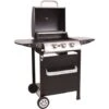 LOFOTEN - Barbecue Extérieur Au Gaz 3 Brûleurs - Puissance 8,4 KW - Capot De Fermeture Avec Thermomètre - 2 Grilles En Acier Chromé, 2 Etagères Latérales, 1 Plateau Bas - 2 Roues - Noir