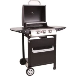 LOFOTEN - Barbecue Extérieur Au Gaz 3 Brûleurs - Puissance 8,4 KW - Capot De Fermeture Avec Thermomètre - 2 Grilles En Acier Chromé, 2 Etagères Latérales, 1 Plateau Bas - 2 Roues - Noir