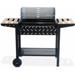 Barbecue Au Charbon - Alfred - Noir Et Gris. Hauteur De Grille Ajustable. Cuve émaillée. Tablettes En Bois. étagère Et Crochets