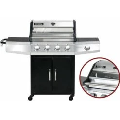 Barbecue Gaz Avec Couvercle En Verre Bingo 5 - 4 Brûleurs + 1 Latéral + Housse Protection - 15.2 KW - Noir