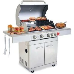 Barbecue Gaz INOX 4 Brûleurs +1 Réchaud 17.5KW,inclus Grill Et Plancha & Thermomètre,Puissance Totale 17.5KW,- PHÉNIX GREADEN