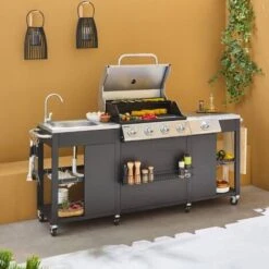 Barbecue. Cuisine Extérieure Gaz - D'Artagnan - Barbecue 5 Brûleurs Dont 1 Feu Latéral. Inox Et Noir. évier. Planche à Découper Bois. Ustensiles -Jardin Calme Soldes Magasin 459331 3