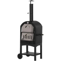 OUTSUNNY Four à Pizza Extérieur Au Charbon De Bois - Barbecue Sur Roulettes - Four à Bois - Pierre Réfractaire - Cheminée, Jauge Température - Acier Au Carbone Noir Gris