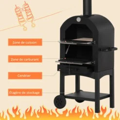 OUTSUNNY Four à Pizza Extérieur Au Charbon De Bois - Barbecue Sur Roulettes - Four à Bois - Pierre Réfractaire - Cheminée, Jauge Température - Acier Au Carbone Noir Gris -Jardin Calme Soldes Magasin 48873262 5