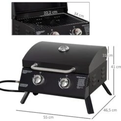 OUTSUNNY Barbecue Gaz De Table Transportable Pieds Pliables - 2 Brûleurs 5 KW - Barbecue Gaz De Camping - Grille De Cuisson, Réceptacle Graisse, Thermomètre - Acier Noir -Jardin Calme Soldes Magasin 51254815 3