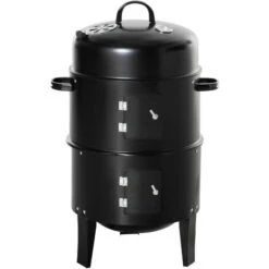 OUTSUNNY Barbecue Fumoir Grill Braséro 3 En 1 - 2 Grilles De Cuisson, 2 Portes - Thermomètre, Aérateur - Ø 40 X 80H Cm - Acier Inox. Noir