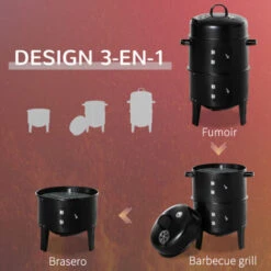 OUTSUNNY Barbecue Fumoir Grill Braséro 3 En 1 - 2 Grilles De Cuisson, 2 Portes - Thermomètre, Aérateur - Ø 40 X 80H Cm - Acier Inox. Noir -Jardin Calme Soldes Magasin 52444473 4