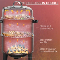 OUTSUNNY Barbecue Fumoir Grill Braséro 3 En 1 - 2 Grilles De Cuisson, 2 Portes - Thermomètre, Aérateur - Ø 40 X 80H Cm - Acier Inox. Noir -Jardin Calme Soldes Magasin 52444473 5