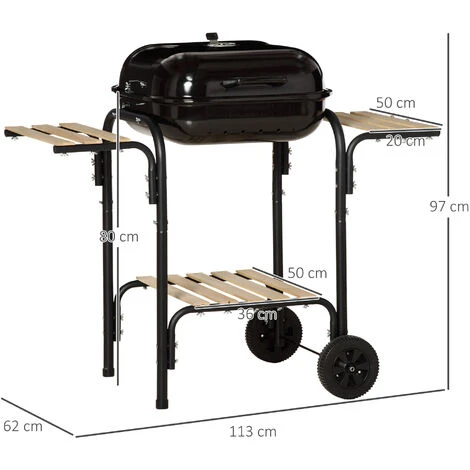 OUTSUNNY Barbecue à Charbon - BBQ Grill Sur Pied Avec Couvercle, Roulettes - 3 étagères, 3 Crochets, 3 Ustensiles, 2 Grilles, Cuve Charbon Amovible - Bois Acier émaillé Noir 5 OUTSUNNY Barbecue à Charbon - BBQ Grill Sur Pied Avec Couvercle, Roulettes - 3 étagères, 3 Crochets, 3 Ustensiles, 2 Grilles, Cuve Charbon Amovible - Bois Acier émaillé Noir – Image 3
