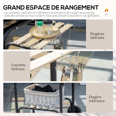 OUTSUNNY Barbecue à Charbon - BBQ Grill Sur Pied Avec Couvercle, Roulettes - 3 étagères, 3 Crochets, 3 Ustensiles, 2 Grilles, Cuve Charbon Amovible - Bois Acier émaillé Noir 7 OUTSUNNY Barbecue à Charbon - BBQ Grill Sur Pied Avec Couvercle, Roulettes - 3 étagères, 3 Crochets, 3 Ustensiles, 2 Grilles, Cuve Charbon Amovible - Bois Acier émaillé Noir – Image 5