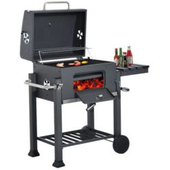Barbecue Charbon De Bois à 2 Roues 2 Grilles Et 1 Thermomètre En Métal Noir - Cylindrique -Jardin Calme Soldes Magasin 60688998 3