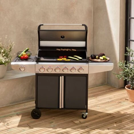 Barbecue Au Gaz - Bazin 6 Gris Anthracite - Cuisine Extérieure 7 Brûleurs Dont 1 Feu Latéral Avec Tablettes Et Thermomètre, Rangement, Roues 5 Barbecue Au Gaz - Bazin 6 Gris Anthracite - Cuisine Extérieure 7 Brûleurs Dont 1 Feu Latéral Avec Tablettes Et Thermomètre, Rangement, Roues – Image 3