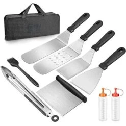 9 Pcs Ensemble De Spatuleen Acier Inoxydable, Ensemble D'accessoires Pour Plaque Chauffante Professionnelle BBQ, Barbecue Spatule Ustensiles Set, Spatule Plancha Pour Teppanyaki