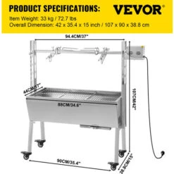 VEVOR 40KG Barbecue Electrique Tournebroche En Acier INOX 25W Rotissoire Barbecue Inoxydable Sur Pied BBQ Sur Roulettes Surface Cuisson 88x44 Cm 3 Grilles Pour Jardin Camping Gril A Viande Grillade -Jardin Calme Soldes Magasin 88257853 2