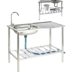 Garten Evier D'extérieur En Acier Inoxydable (camping) - Avec Robinet, Tuyau D'évacuation - 100 X 50,5 X 87 Cm